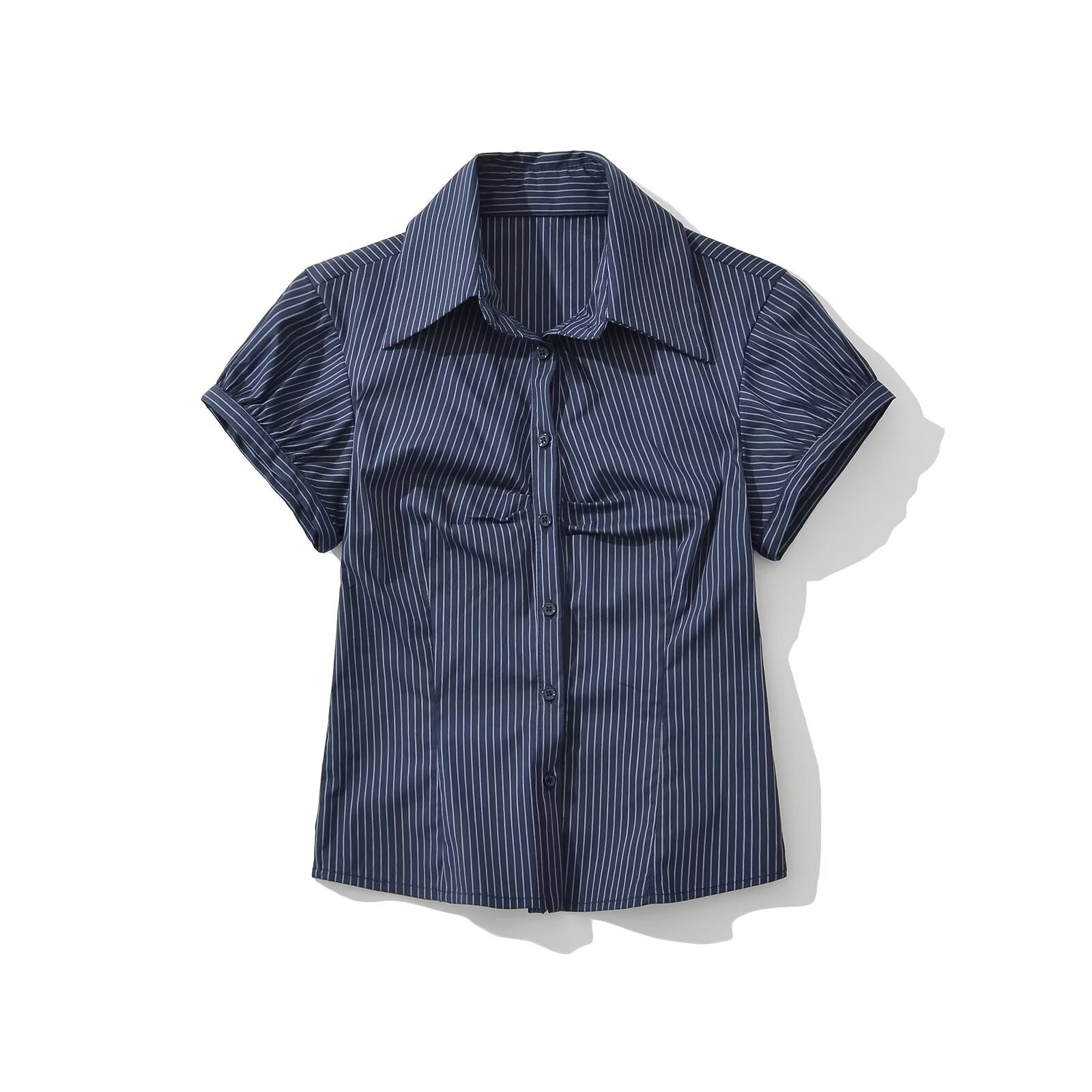 Short sleeved waist folded striped shirt top for women