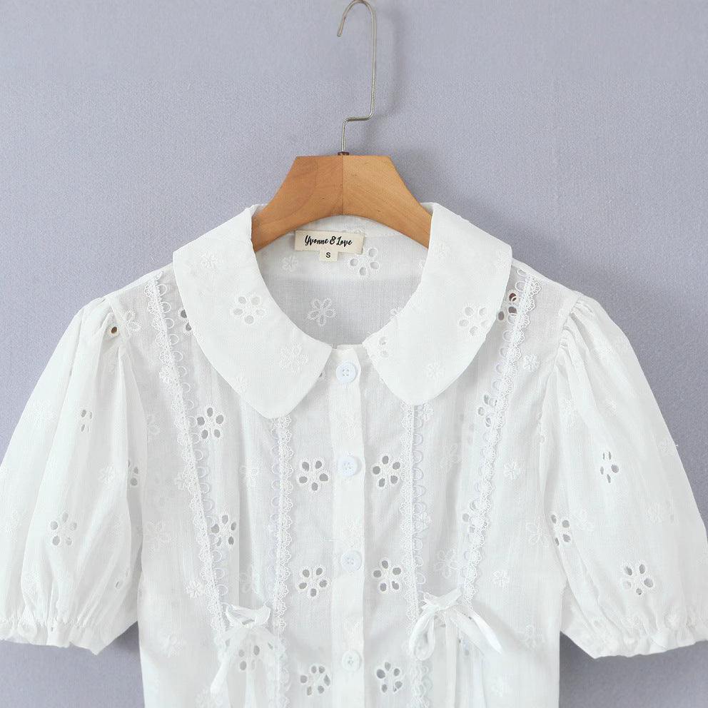 Doll collar hollow embroidery strap bubble sleeve top for women