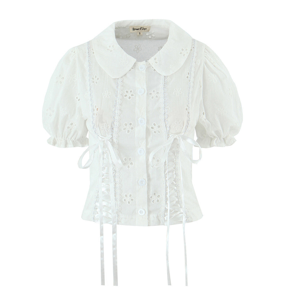 Doll collar hollow embroidery strap bubble sleeve top for women