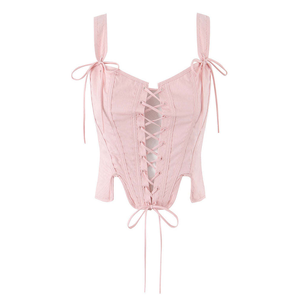 Slim fit cross tie corset waist cinched top for women